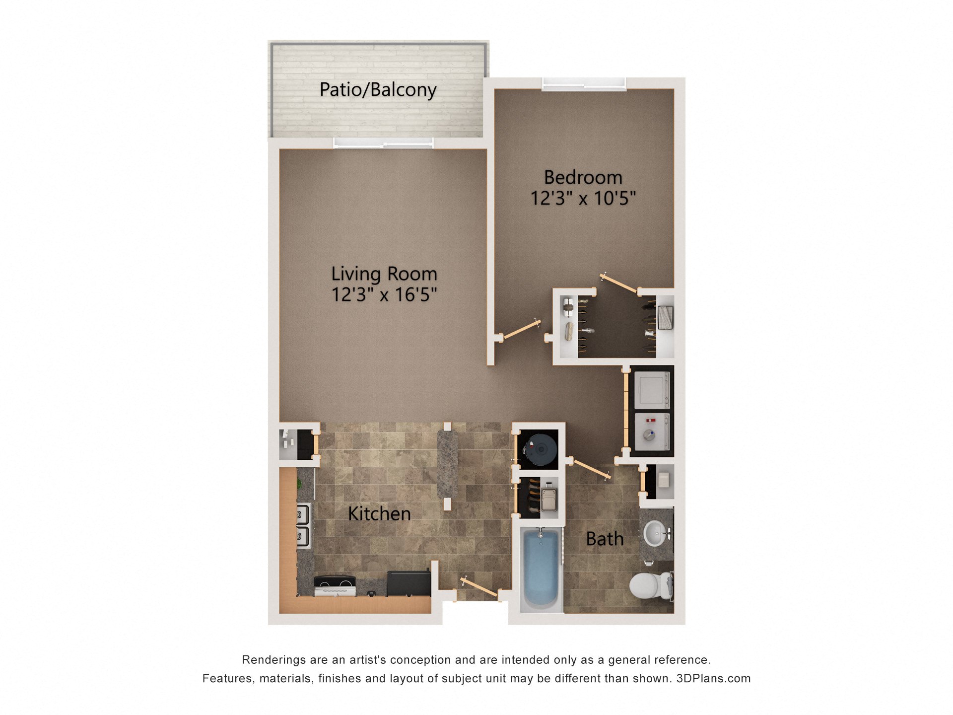 Floor plan for 1 bed, 1 bath, 719 sqft